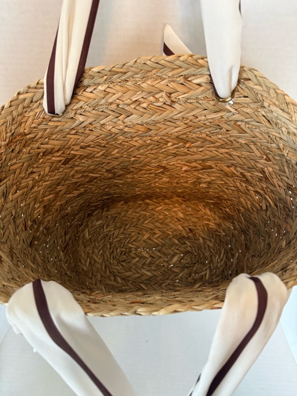 Woven Straw Tote with Cream & Brown Scarf Handles Beach or Pool Bag - Picture 3 of 5